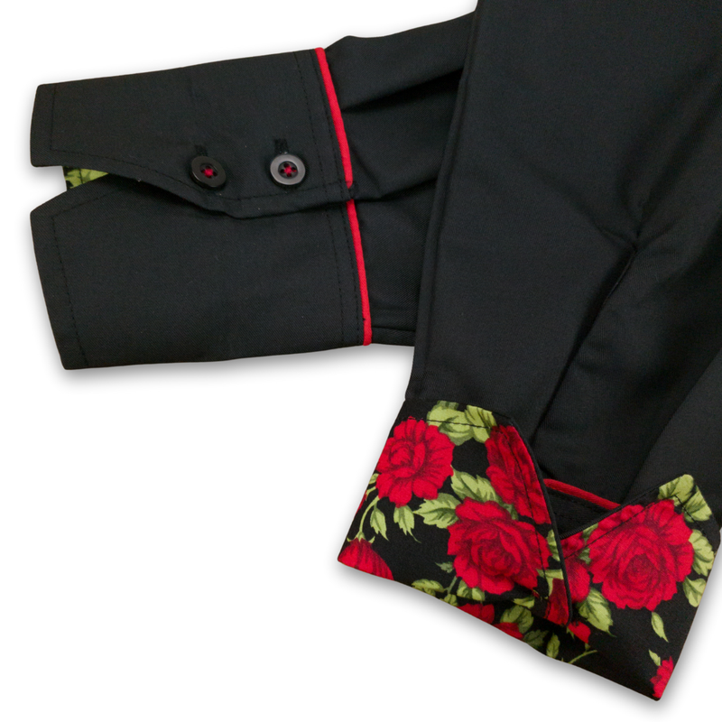 Grenouille Black Shirt with Red Rose Accent Details