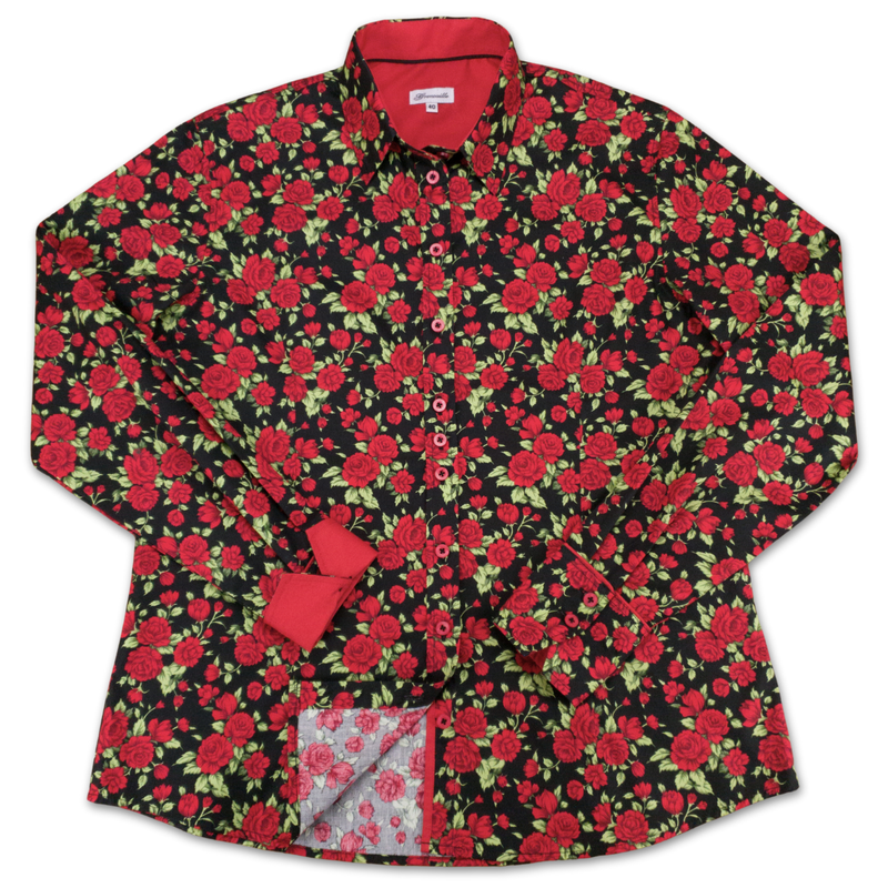 Grenouille Ladies Long Sleeve Black & Red Rose Print Shirt
