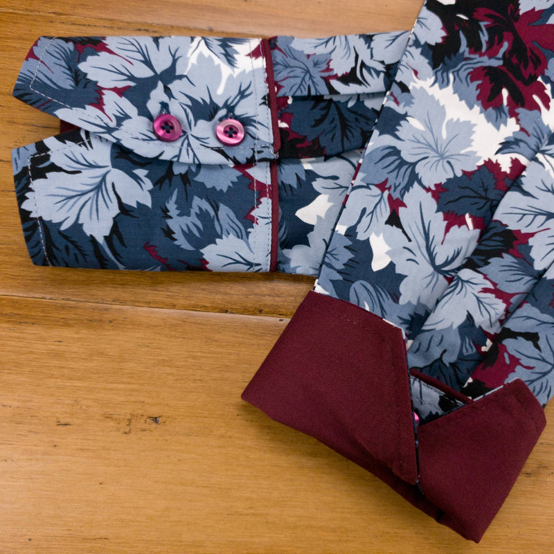 Grenouille Ladies Slate Blue & Maroon Leaves Print Shirt