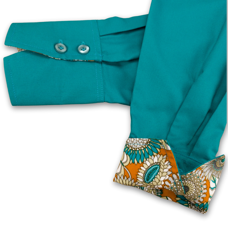 Grenouille Ladies Teal Shirt with Orange 60s Floral Accents