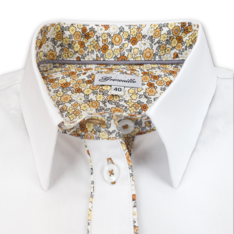Grenouille White Shirt with Beige & Grey Floral Accents