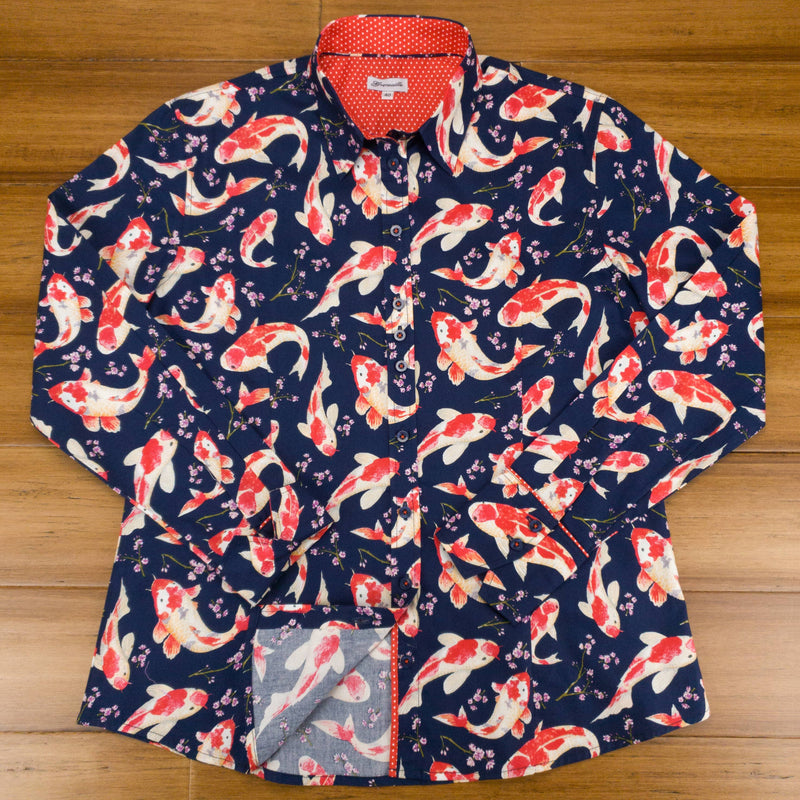 Grenouille Ladies Long Sleeve Navy Koi Print Shirt
