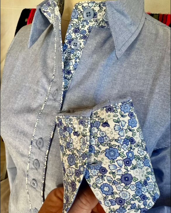 Grenouille Blue Oxford Shirt with Blue & Grey Floral Accents