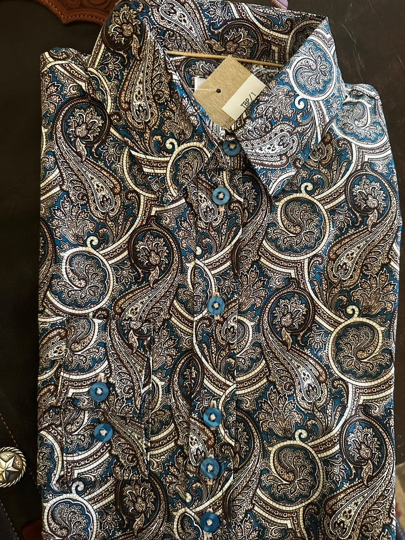 Grenouille Teal Blue & Beige Paisley Print Shaped Fit Shirt