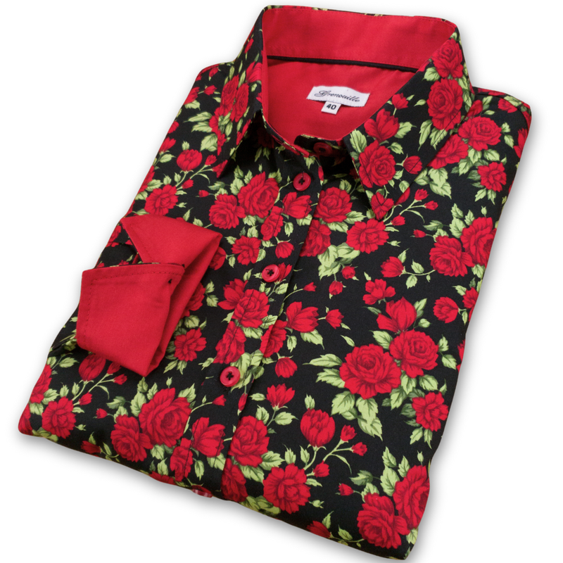 Grenouille Ladies Long Sleeve Black & Red Rose Print Shirt