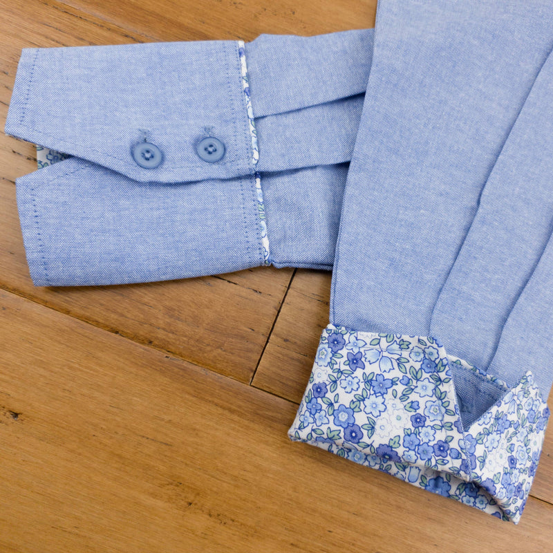 Grenouille Blue Oxford Shirt with Blue & Grey Floral Accents