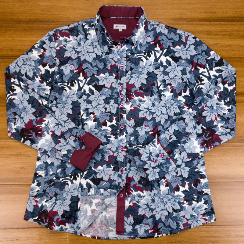 Grenouille Ladies Slate Blue & Maroon Leaves Print Shirt