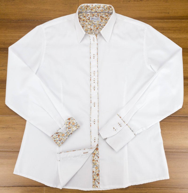 Grenouille White Shirt with Beige & Grey Floral Accents
