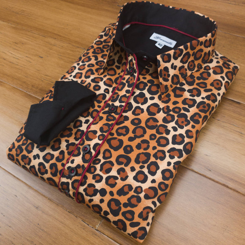 Grenouille Long Sleeve Tan Leopard Print Shaped Fit Shirt