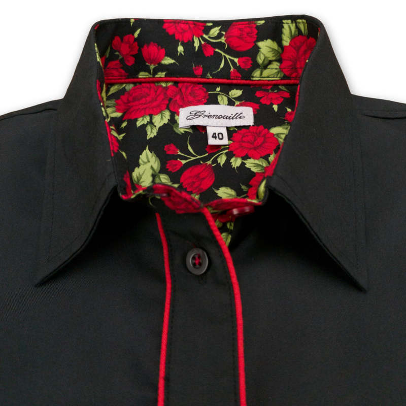 Grenouille Black Shirt with Red Rose Accent Details