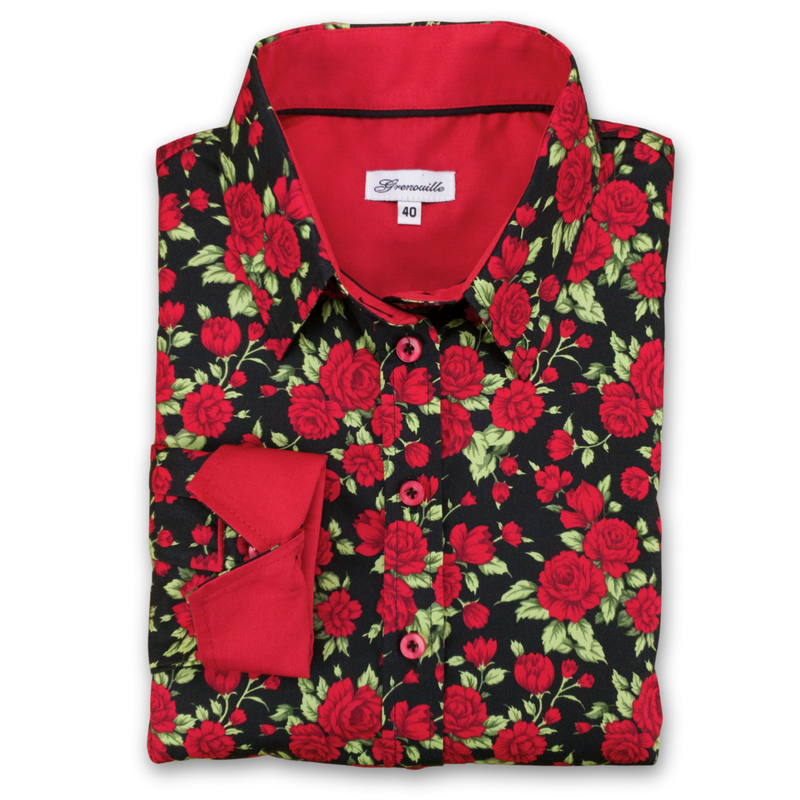 Grenouille Ladies Long Sleeve Black & Red Rose Print Shirt