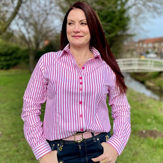 Grenouille Cerise Pink Butcher Stripe Shaped Fit Shirt