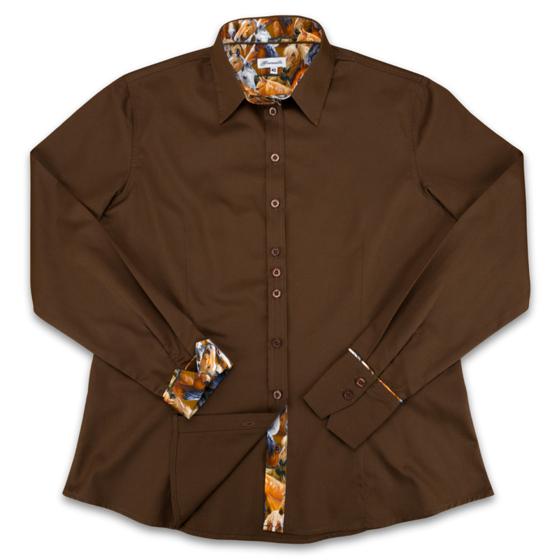 Grenouille Ladies Brown Shirt with Horse Print Fabric Detail