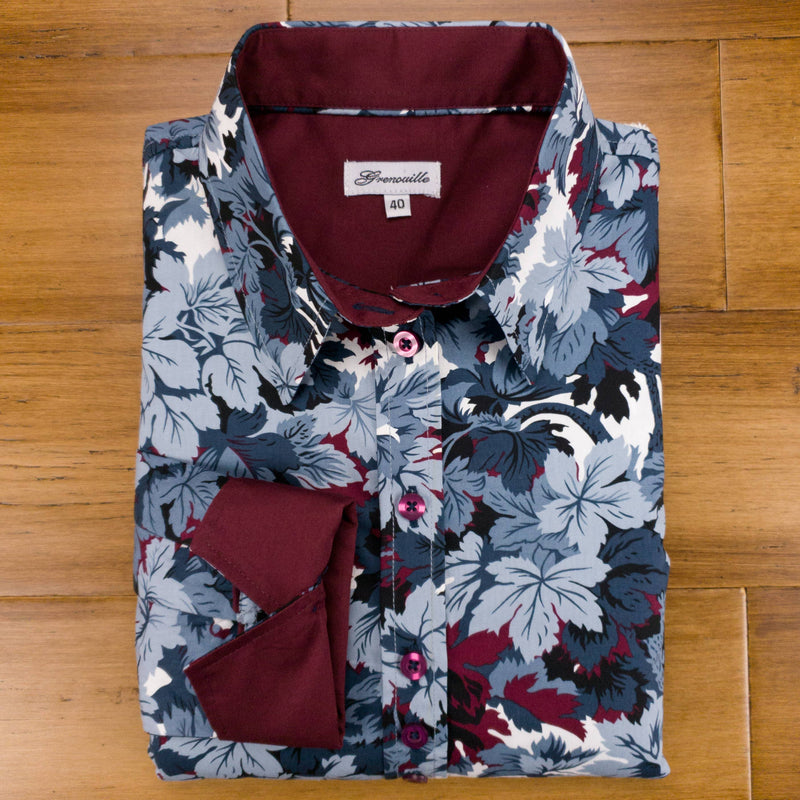 Grenouille Ladies Slate Blue & Maroon Leaves Print Shirt