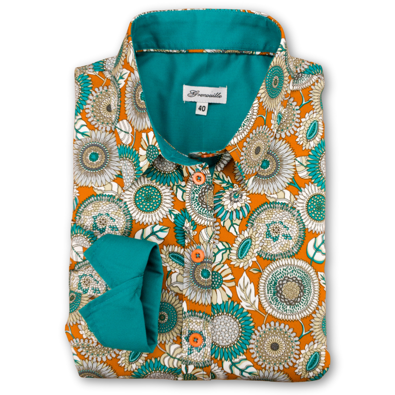 Grenouille Ladies Teal & Orange 60s Style Floral Print Shirt
