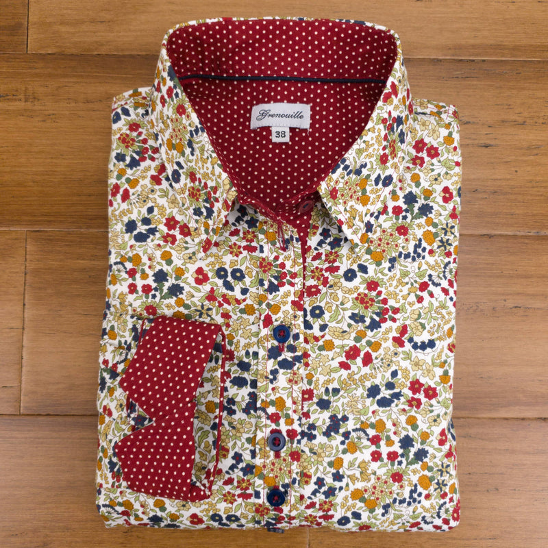 Grenouille Ladies Long Sleeve Red, Navy & Gold Flower Shirt