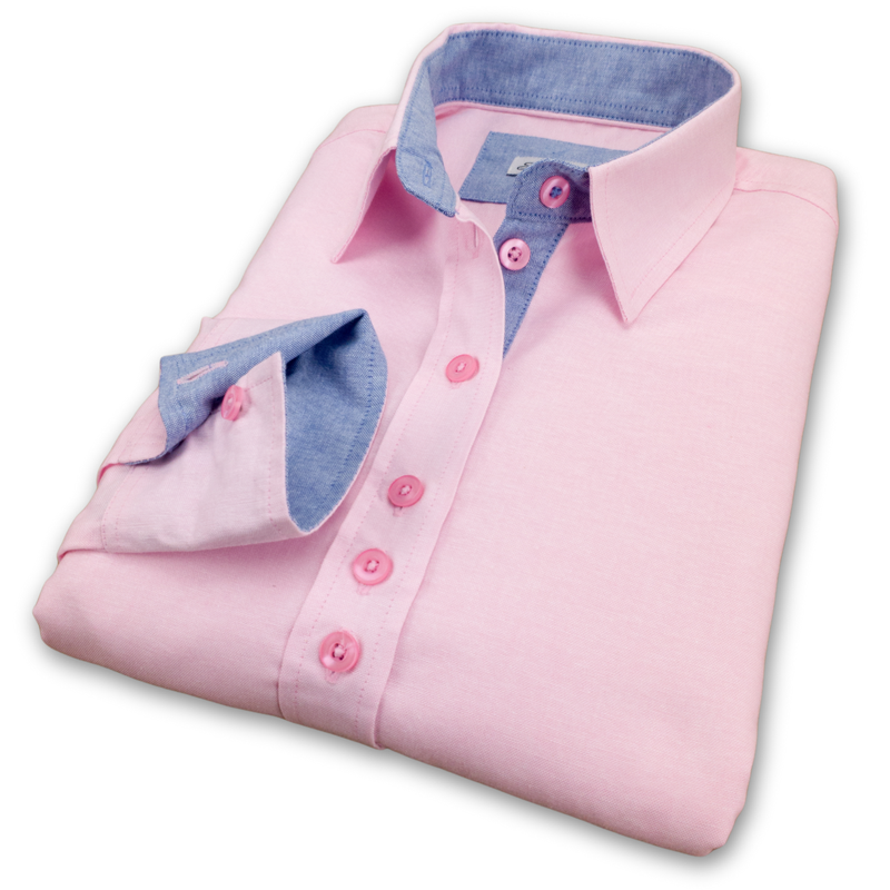 Grenouille Ladies Long Sleeve Pink Blue Oxford Shirt