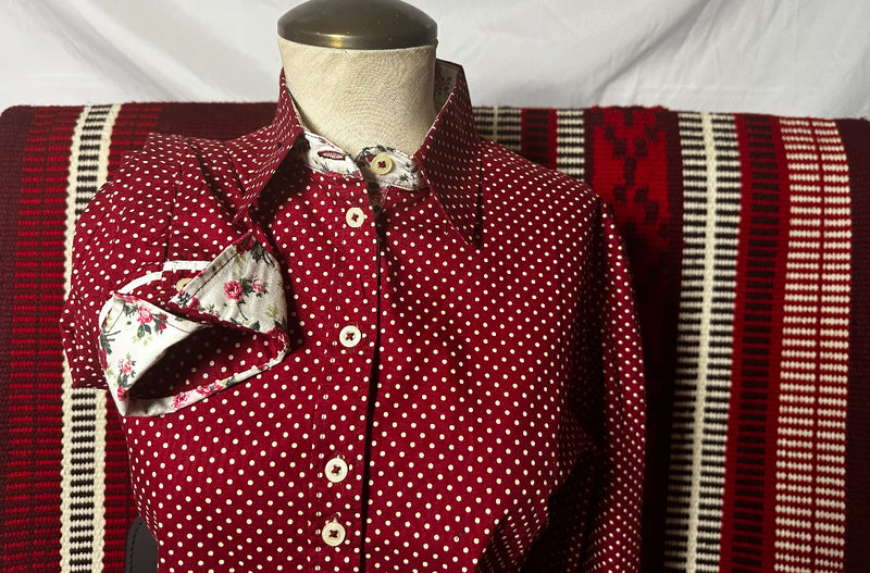 Grenouille Ladies Long Sleeve Dark Red Cotton Polkadot Shirt