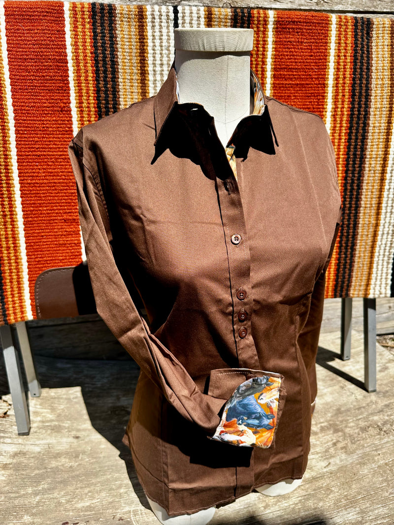 Grenouille Ladies Brown Shirt with Horse Print Fabric Detail