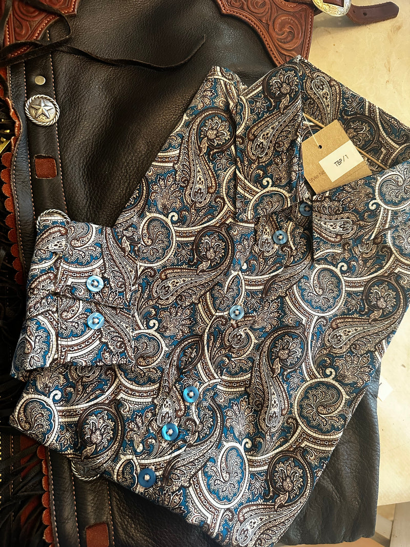 Grenouille Teal Blue & Beige Paisley Print Shaped Fit Shirt