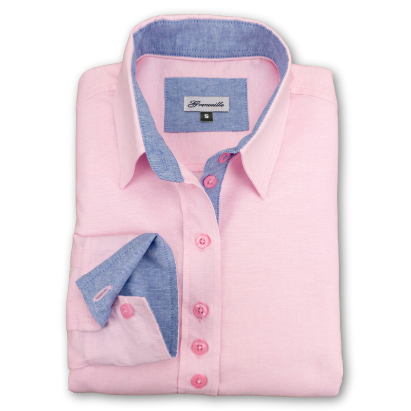 Grenouille Ladies Long Sleeve Pink Blue Oxford Shirt