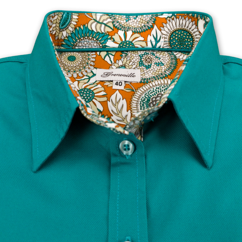 Grenouille Ladies Teal Shirt with Orange 60s Floral Accents