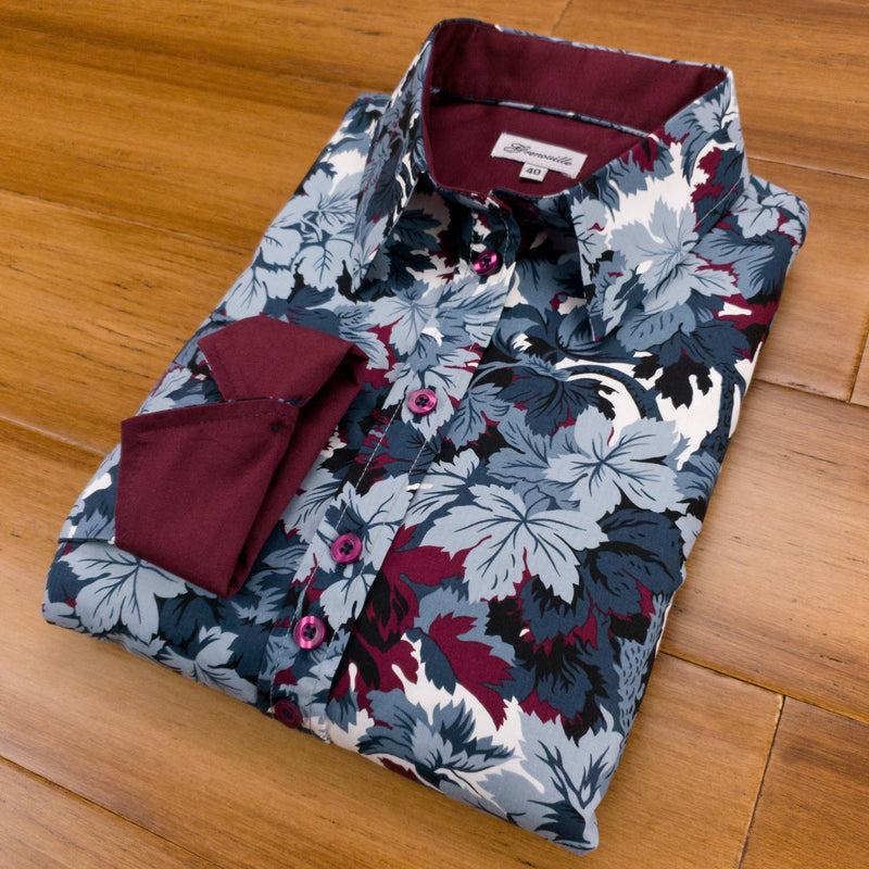 Grenouille Ladies Slate Blue & Maroon Leaves Print Shirt