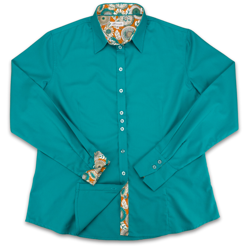 Grenouille Ladies Teal Shirt with Orange 60s Floral Accents