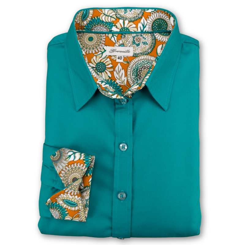 Grenouille Ladies Teal Shirt with Orange 60s Floral Accents
