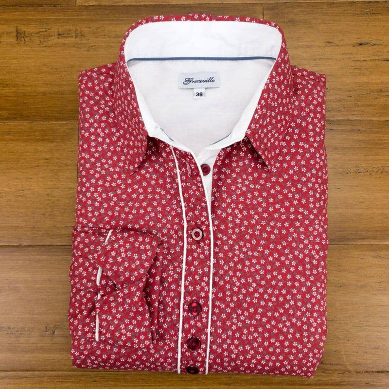 Grenouille Ladies Red and Tiny White Flower Shirt