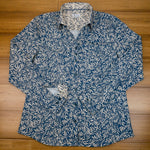 Grenouille Blue & Khaki Leaves Print Open Neck Shirt