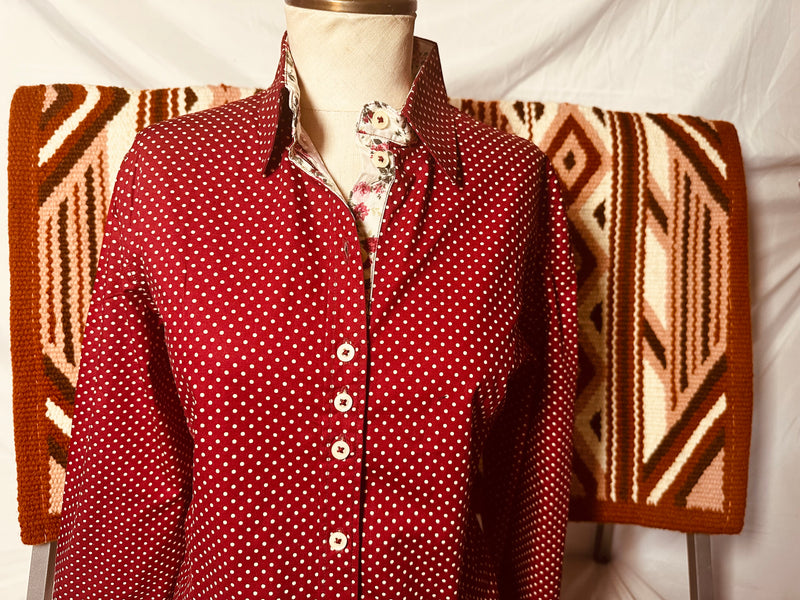 Grenouille Ladies Long Sleeve Dark Red Cotton Polkadot Shirt