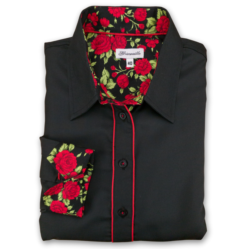 Grenouille Black Shirt with Red Rose Accent Details