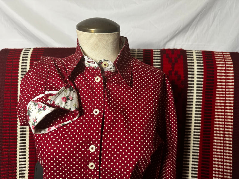 Grenouille Ladies Long Sleeve Dark Red Cotton Polkadot Shirt