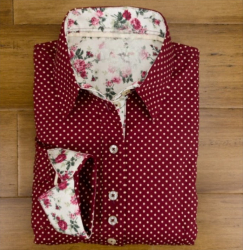 Grenouille Ladies Long Sleeve Dark Red Cotton Polkadot Shirt