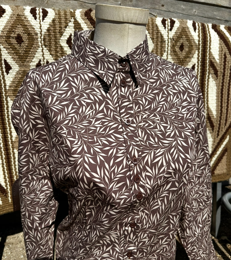 Grenouille Khaki Leaves Print Open Neck Shirt