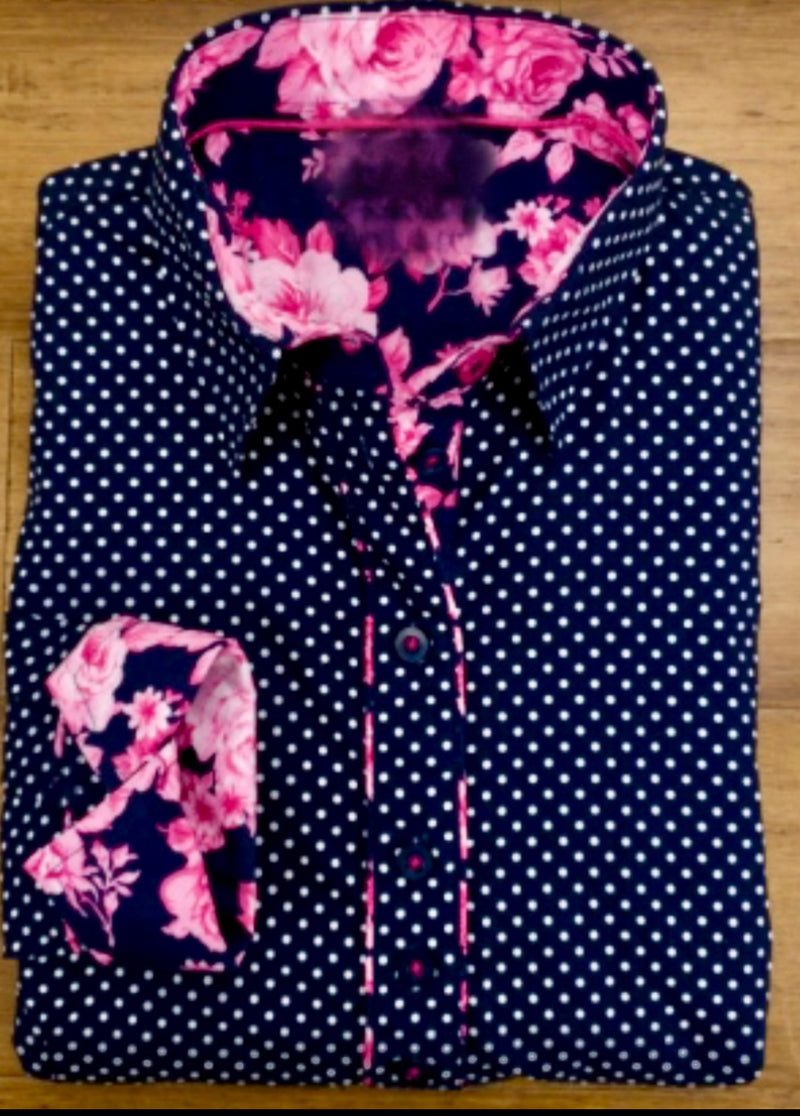 Grenouille Ladies Long Sleeve Navy Cotton Polkadot Shirt
