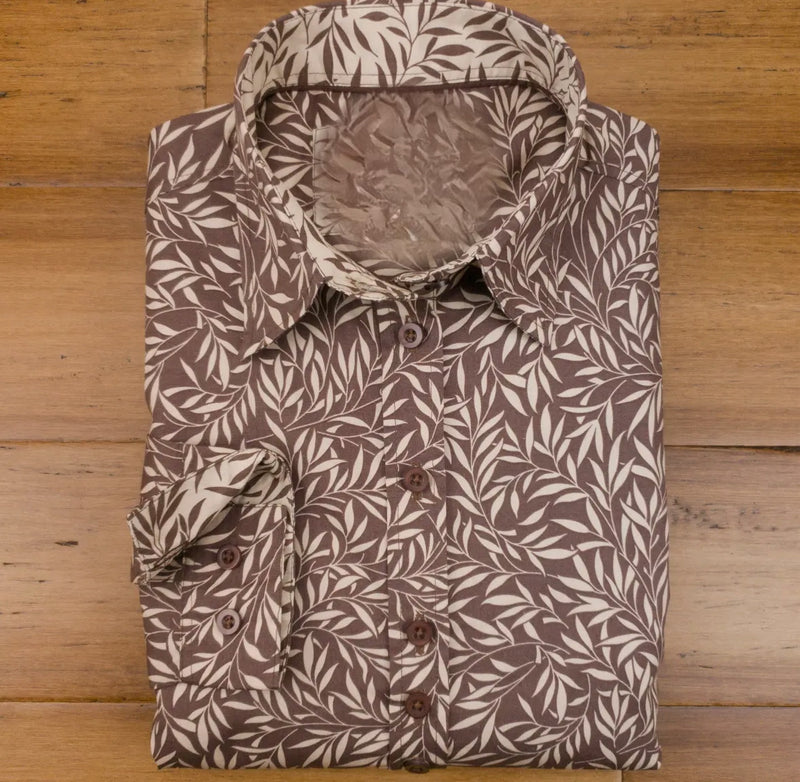 Grenouille Khaki Leaves Print Open Neck Shirt