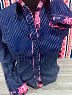 Grenouille Ladies Long Sleeve Navy Cotton Polkadot Shirt