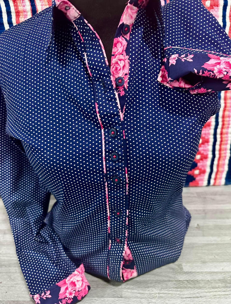 Grenouille Ladies Long Sleeve Navy Cotton Polkadot Shirt
