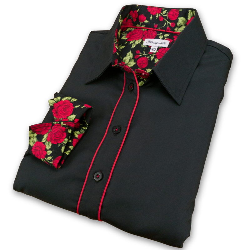Grenouille Black Shirt with Red Rose Accent Details