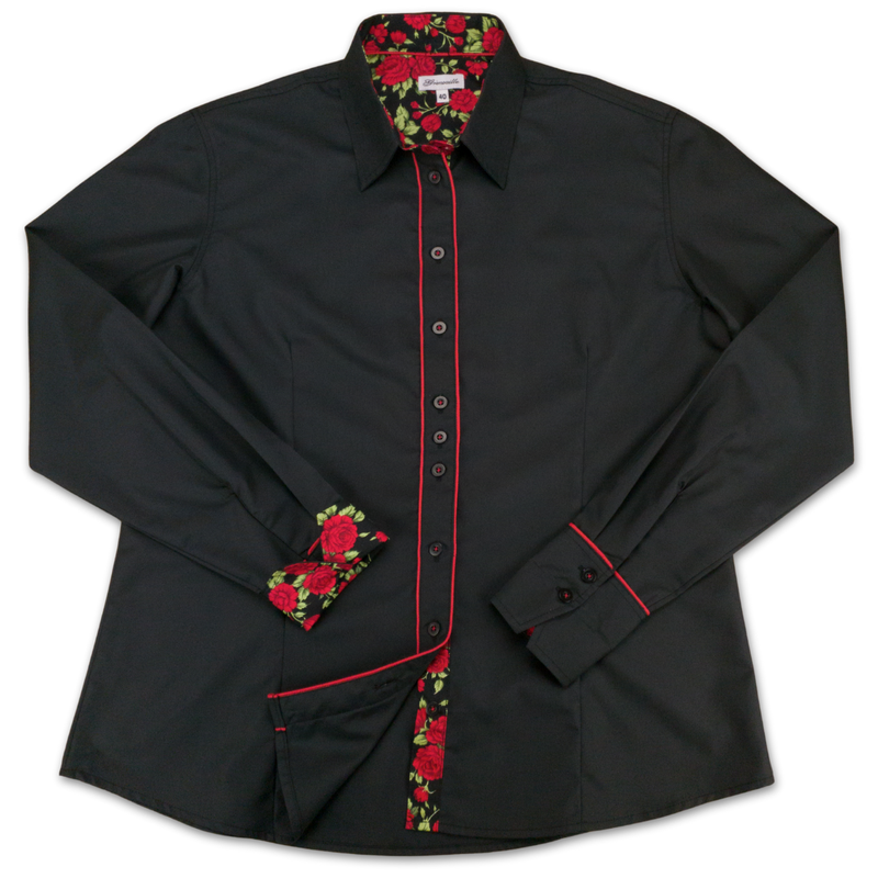 Grenouille Black Shirt with Red Rose Accent Details