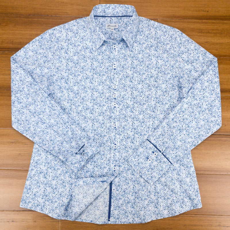 Grenouille Ladies Long Sleeve Blue Abstract Pattern Shirt