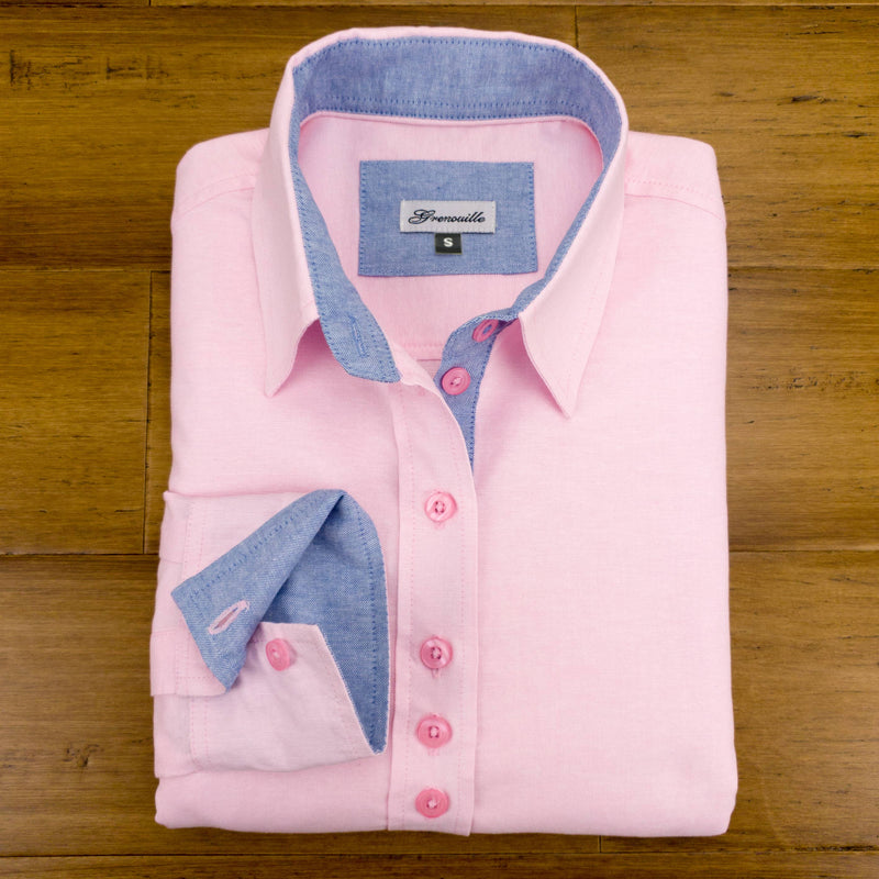 Grenouille Ladies Long Sleeve Pink Blue Oxford Shirt