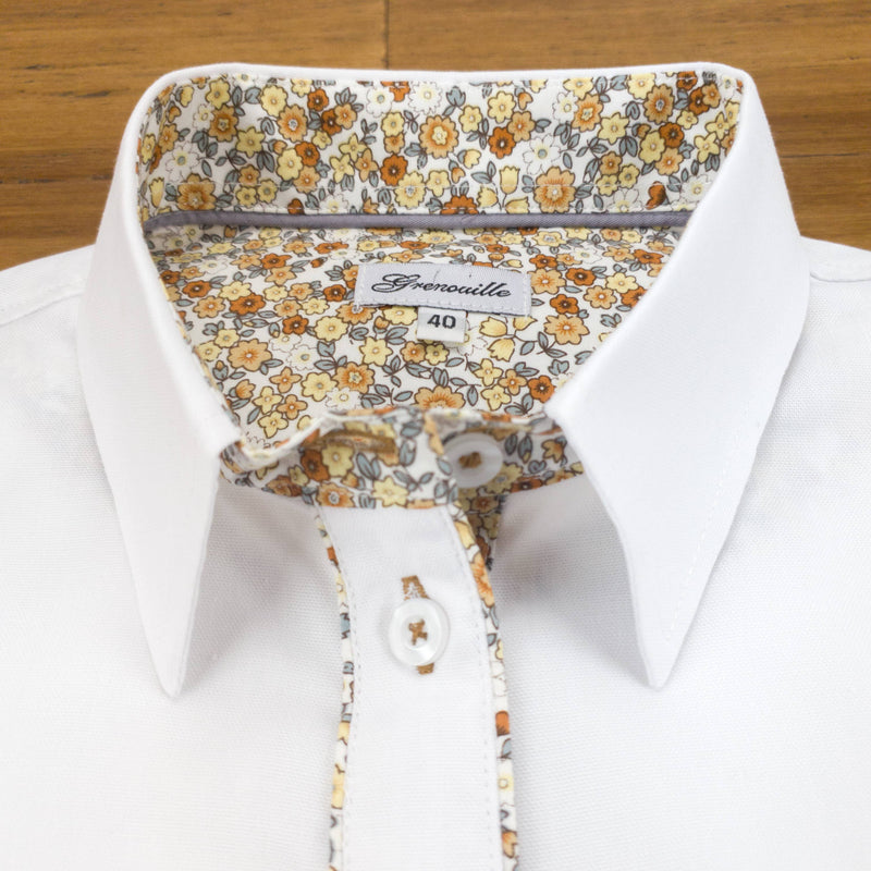 Grenouille White Shirt with Beige & Grey Floral Accents