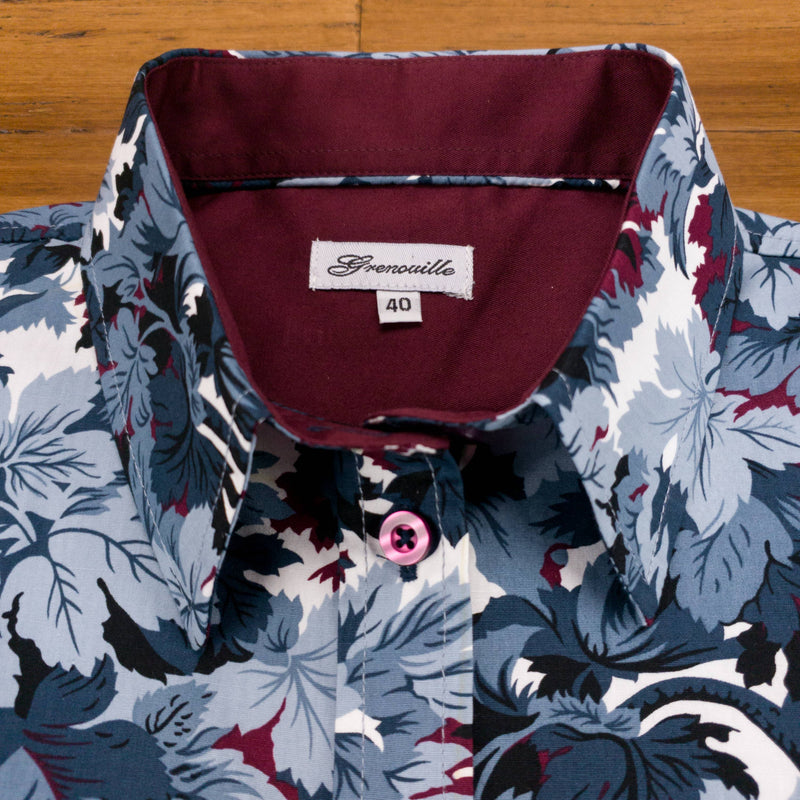 Grenouille Ladies Slate Blue & Maroon Leaves Print Shirt
