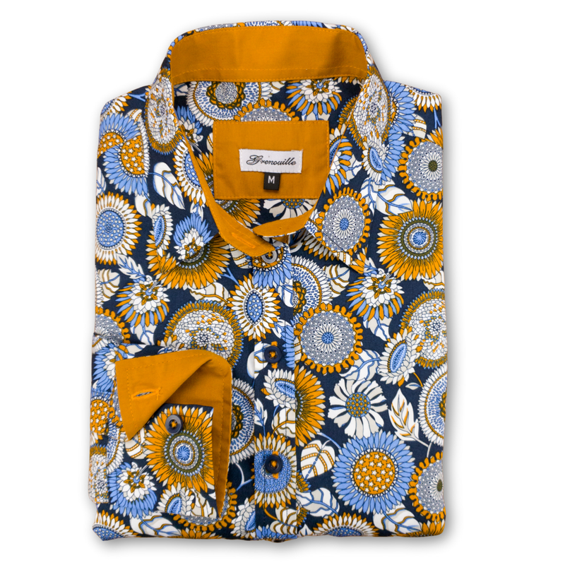 Grenouille Ladies Navy & Gold 60s Style Floral Print Shirt