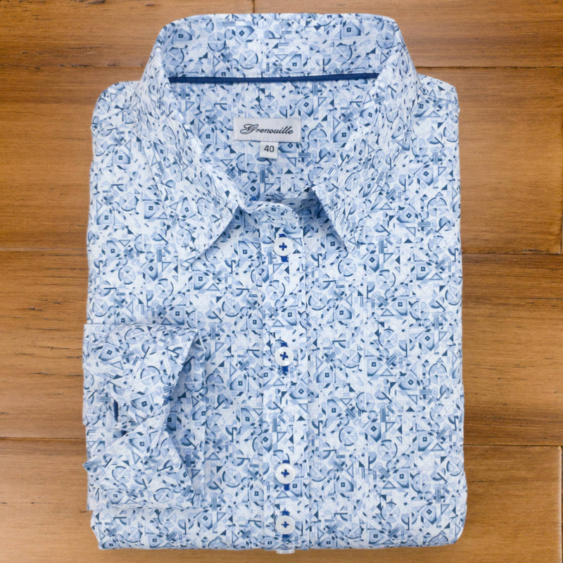 Grenouille Ladies Long Sleeve Blue Abstract Pattern Shirt