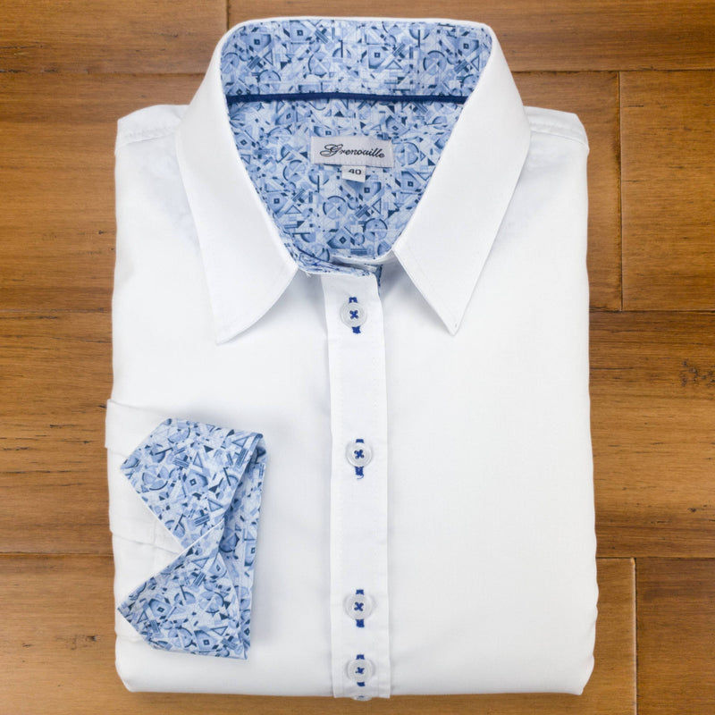 Grenouille White Shirt with Blue Abstract Print Detail