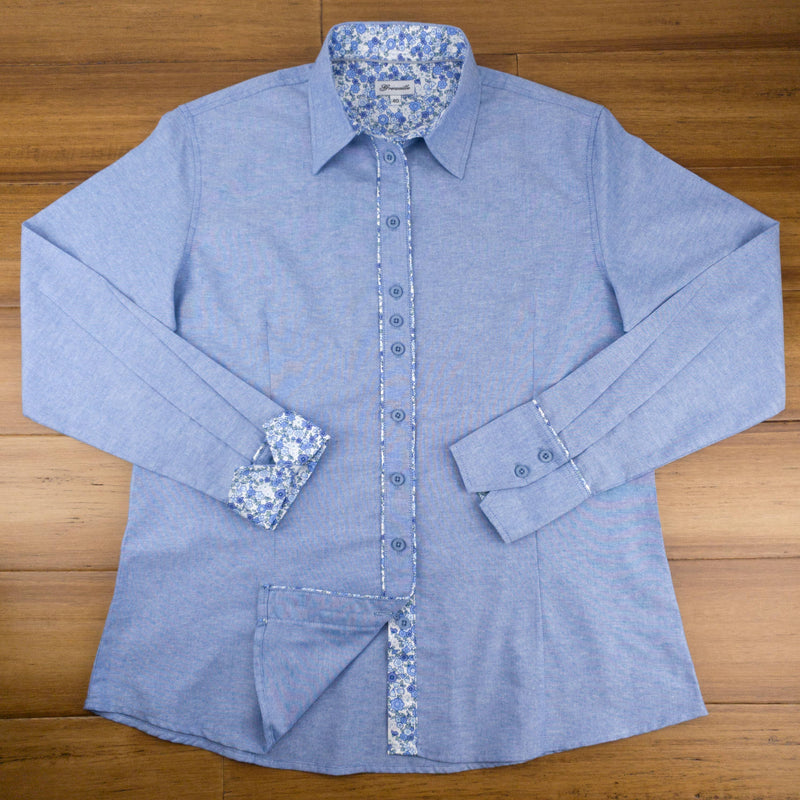 Grenouille Blue Oxford Shirt with Blue & Grey Floral Accents